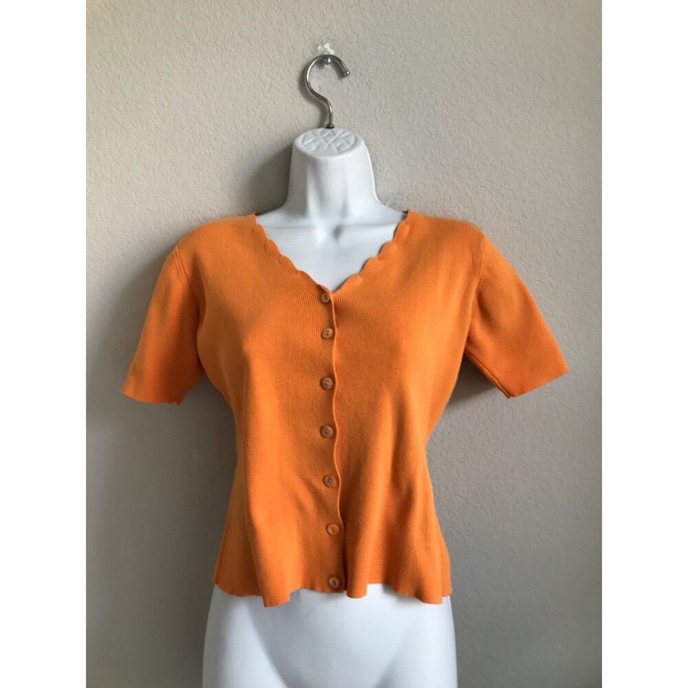 Bloomingdales Orange Button Up Short Sleeve Scalloped V-Neck Cotton Top Petite S